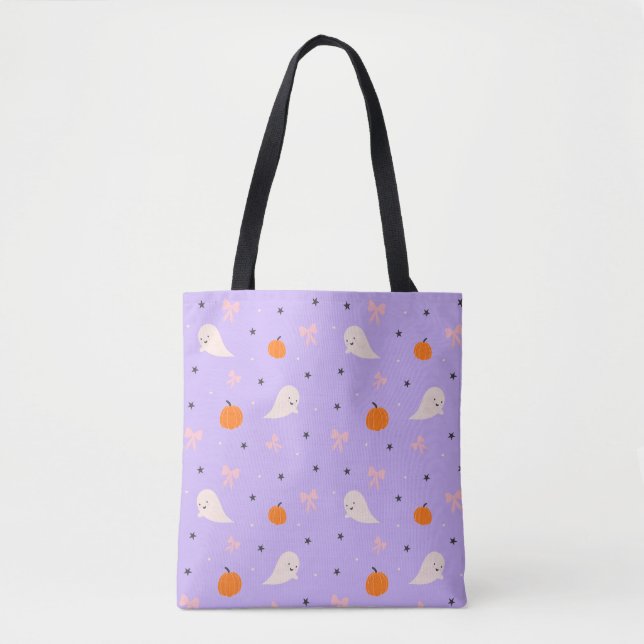 Bolsa Tote de Halloween Roxa Fofa com Fantasmas (Frente)
