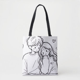 Bolsa Tote de Linha de Arte de Casal Anime Fofo