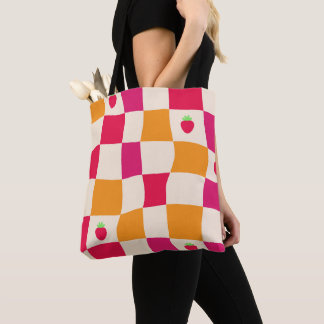 Bolsa Tote de Morango Xadrez Laranja Rosa