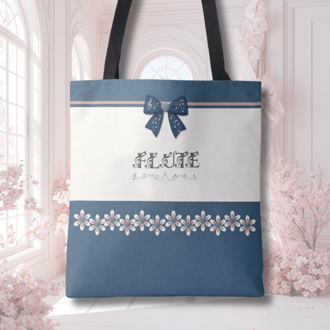 Bolsa Tote de Música de Flauta com Arco Azul Índig (Unique blue coquette bow flute music tote bag for teen girls to use for school band concerts.)