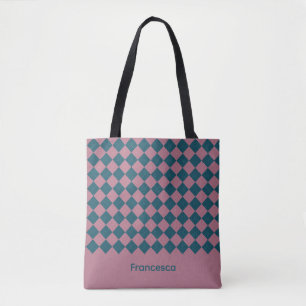 Bolsa tote de nome rosa azul oceano padrão argyle