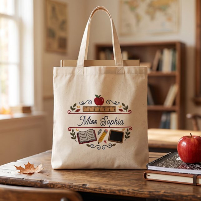 Bolsa Tote de Professora em Aquarela Rústica, Nome (Criador carregado)