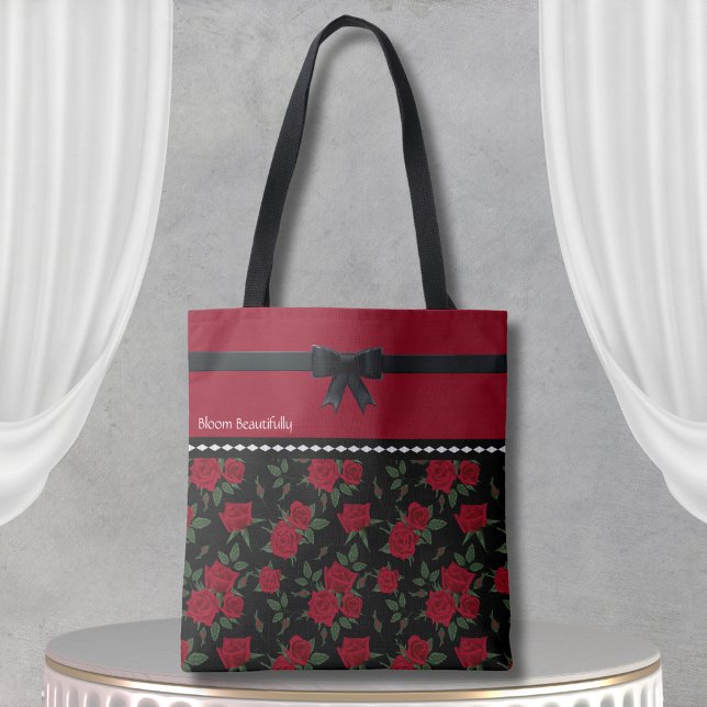Bolsa Tote de Rosa Vermelha e Preta Elegante Desig (Elegant Red and Black Rose Tote Bag Classic Design)