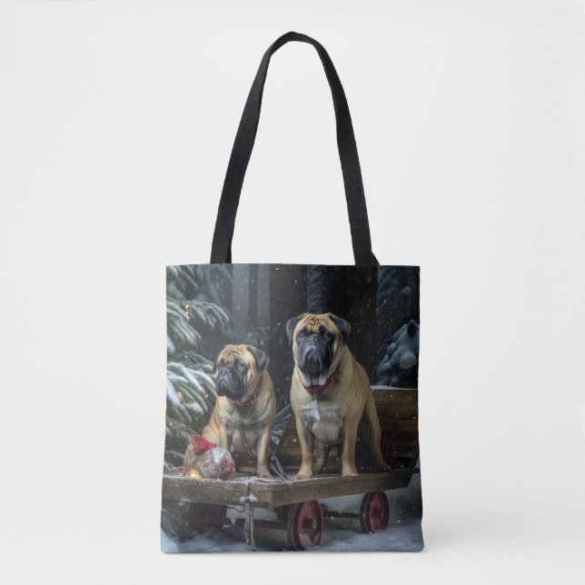 Bolsa Tote Decado de Natal Bullmastiff Snowy Sleigh (Frente)