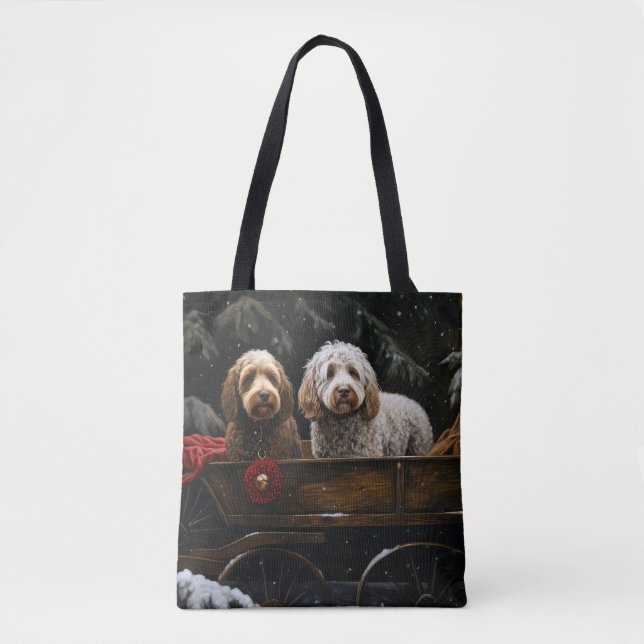 Bolsa Tote Decado de Natal Cockapoo Snowy Sleigh (Frente)