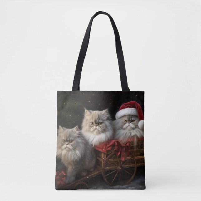 Bolsa Tote Decado de Natal de Gato Persa Snowy Sleigh (Frente)