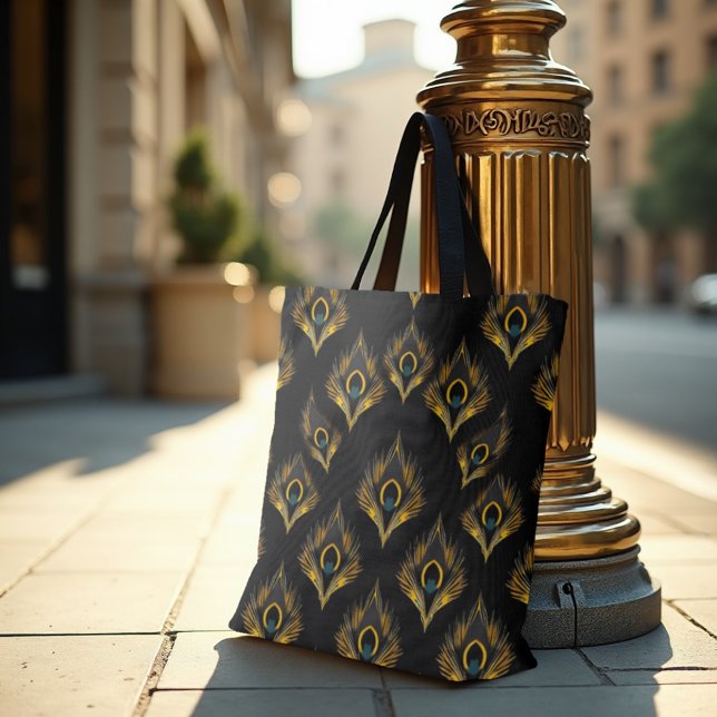 Bolsa Tote Deco de Peacock Gilded - Deco Luxe Dourado & Cinza (Carry Art Deco elegance. Gilded peacock tote bag for glamorous urban life.)