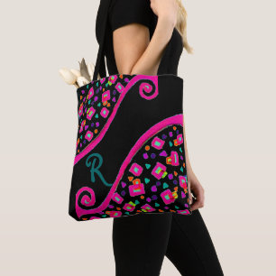 Bolsa Tote DECO Monograma Praça Verde Azul Rosa em Preto