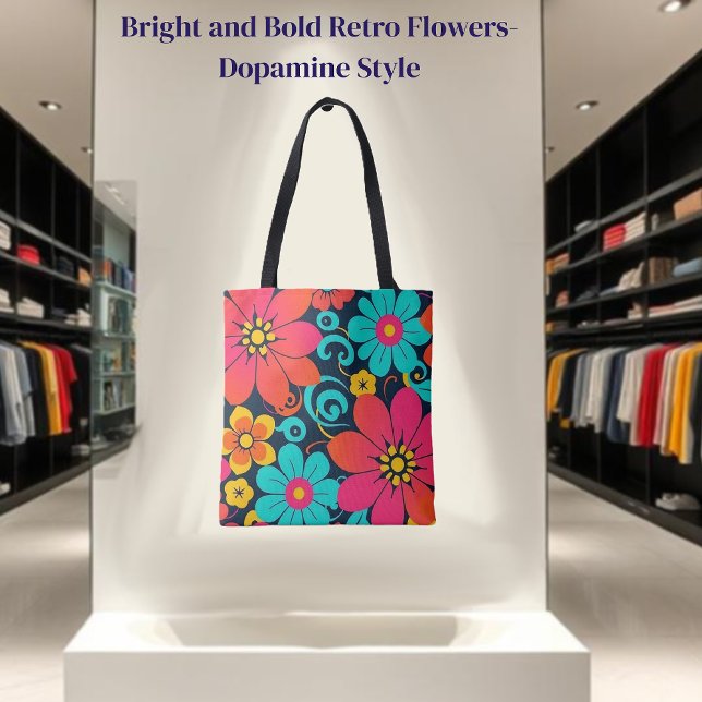 Bolsa Tote Decor Dopamina - Flores Brilhantes - Retro (Dopamine Decor– Bright Funky Flowers-Retro Tote Bag )