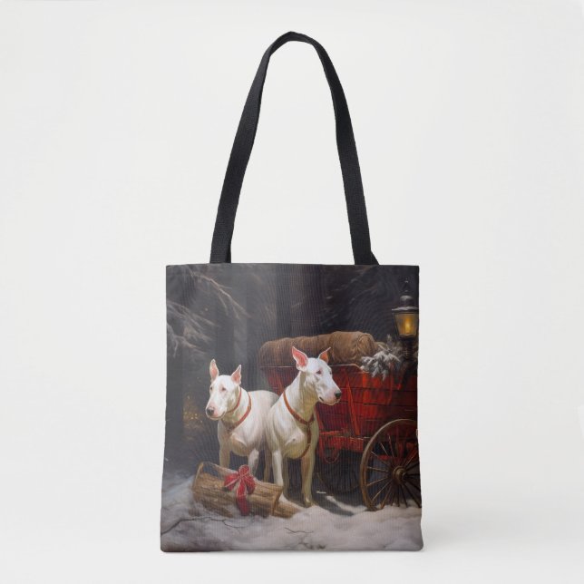 Bolsa Tote Decoração de Natal Bull Terrier Snowy Sleigh (Frente)