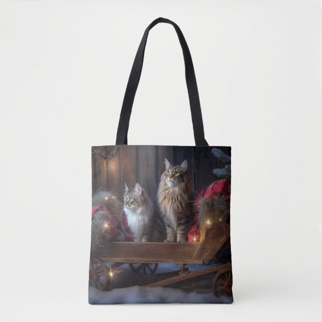 Bolsa Tote Decoração de Natal Maine Coon Snowy Sleigh (Frente)