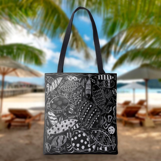 Bolsa Tote Decoração de Peixe Preto e Branco Boho (Criador carregado)