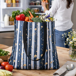 Bolsa Tote Decoração Moderna Naval Listrada de Flores Selvage