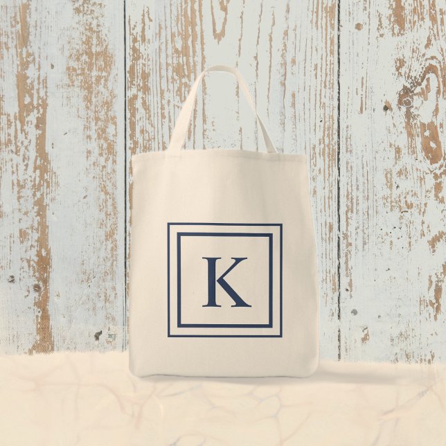 Bolsa Tote Deep Navy And White Square Border Monogram  (Criador carregado)