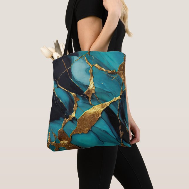 Bolsa Tote Deep Teal Marble with Bold Gold Veins (Close Up)