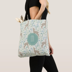 Bolsa Tote Deer Fawn e Flores Monograma Pastel