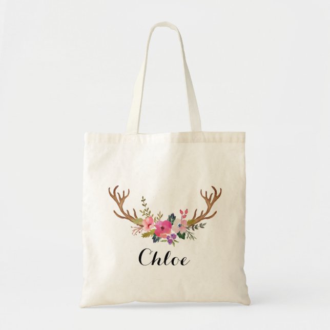 Bolsa Tote deer horn Floral bridesmaid Personalizada (Frente)