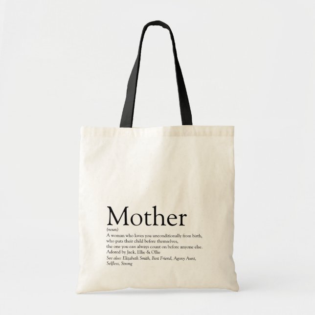 Bolsa Tote Definição de Mãe Citação Preto e Branco (Frente)