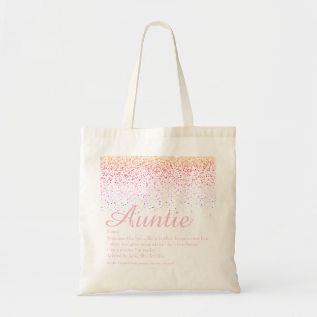 Bolsa Tote Definição de Tia Chic com Letra Glitter Rosa (Frente)