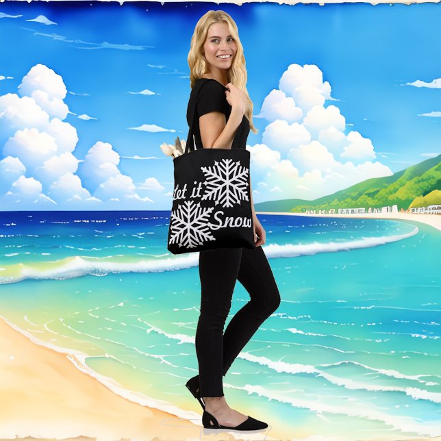 Bolsa Tote Deixem-na nevar Flocos de neve brancos de inverno  (Let It Snow Winter White Snowflakes Elegant Black Tote Bag)