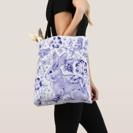Bolsa Tote Delft Blue Bunny Rabbit Birds Rustic Dedham