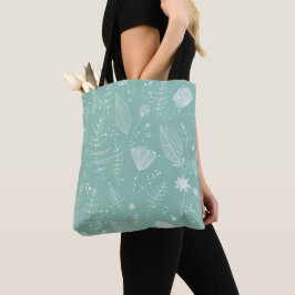 Bolsa Tote Delicada Flor Silvestre Branca sobre Verde Salvia