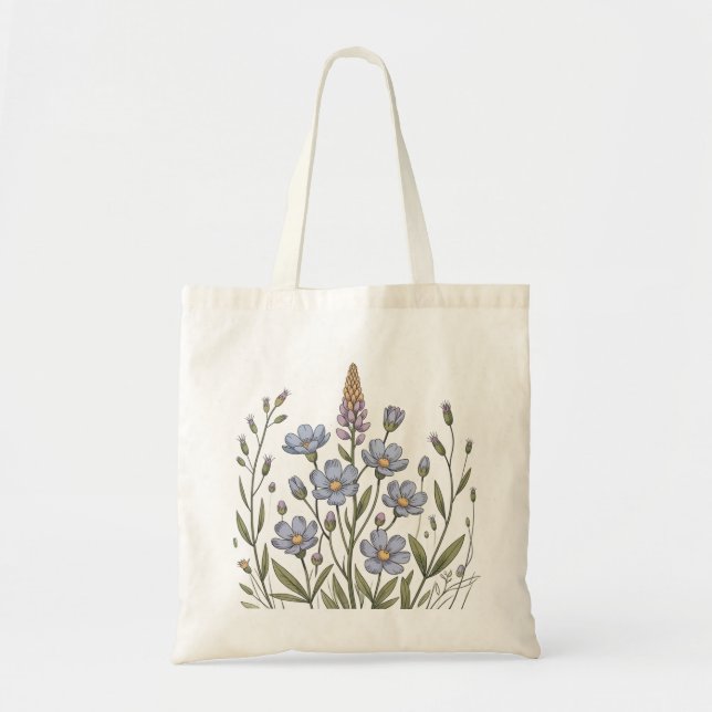 Bolsa Tote Delicate Blue Flowers & Leaves – Botanical Nature (Frente)