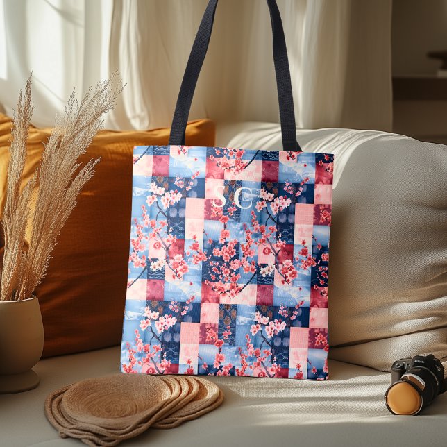 Bolsa Tote Denim e Patchwork Floral com Flor de Cerejeira  (Criador carregado)