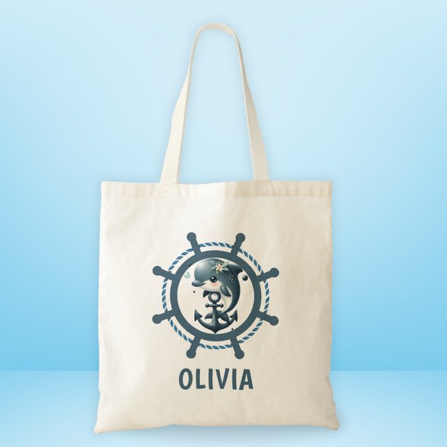 Bolsa Tote Dentro de golfinho e âncora, roda náutica (Criador carregado)