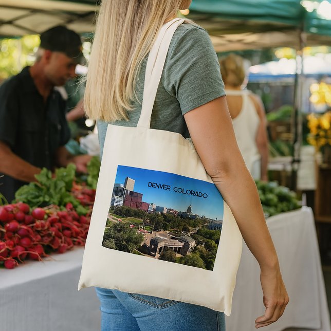 Bolsa Tote Denver Colorado Landscape Photo Personalize (A tote bag with a photo of downtown Denver, Colorado with text you can personalize.)