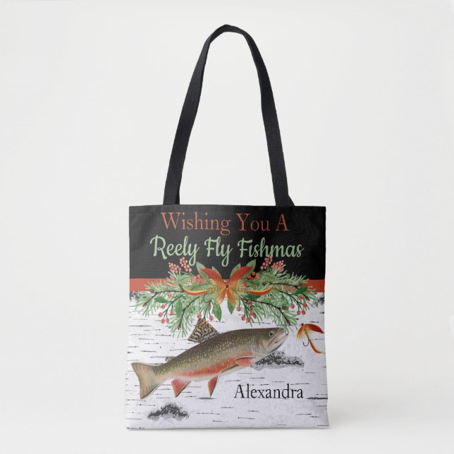 Bolsa Tote Desejando-lhe um Fishmas Reely Fly, Trout (Frente)