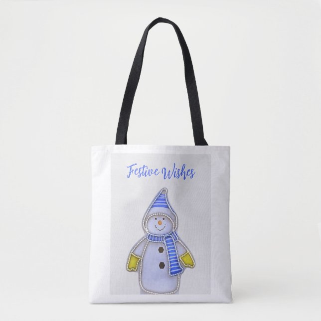 Bolsa Tote Desejos Festivos. Design de boneco de neve (Frente)