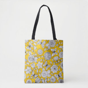 Bolsa Tote Desenho abstrato floral amarelo branco fofo