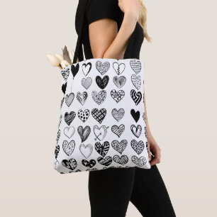 Bolsa Tote Desenho Adorável de Coração Preto Rabiscado