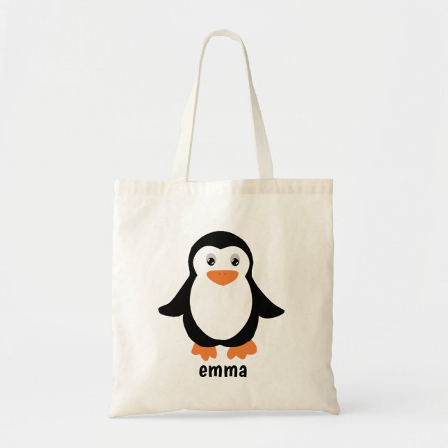 Bolsa Tote desenho animado Pinguim Personalize seu nome ou te (Frente)