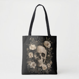 Bolsa Tote Desenho Botânico Vintage de uma Caveira Humana