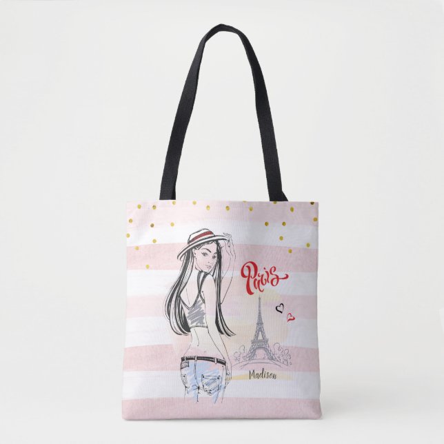 Bolsa Tote Desenho da faixa rosa Viagem Paris personalizada (Frente)