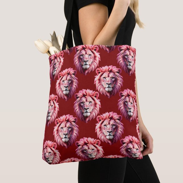 Bolsa Tote Desenho de cabeça de leão rosa borgonha (Criador carregado)