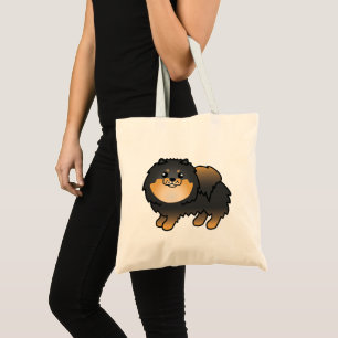 Bolsa Tote Desenho De Cão Pomeraniano De Cartoon Preto E Tano