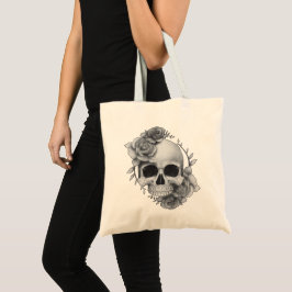 Bolsa Tote Desenho de Caveira e Rosas