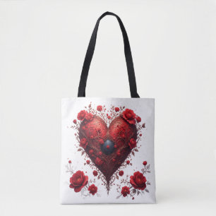 Bolsa Tote Desenho de Coração Floral Vermelho Com Flores em F