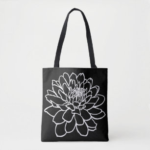 Bolsa Tote Desenho de crisântemo - Branco sobre Preto