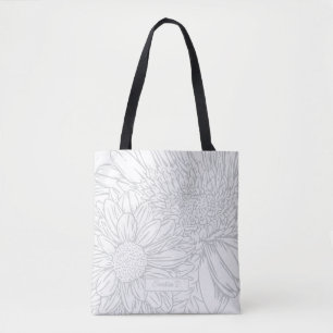 Bolsa Tote Desenho de Crisântemos Cinzas com Nome