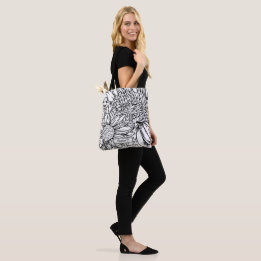 Bolsa Tote Desenho de Crisântemos em Linha Preta com Nome