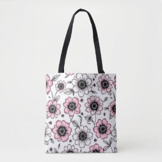 Bolsa Tote Desenho de flores e folhas cor-de-rosa