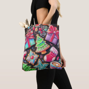 Bolsa Tote Desenho de Giz com Padrão de Biscoitos de Natal De