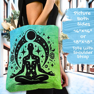 Bolsa Tote Desenho de Ioga Meditação Verde Azul em um 