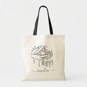 Bolsa Tote Desenho de Linha de Pianista Feminina Personalizad