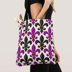 Bolsa Tote Desenho de padrão Barroco Flor-de-lis Preto Roxo