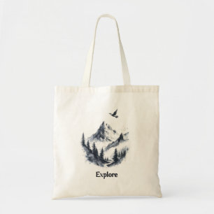Bolsa Tote Desenho de Paisagem Montanhosa com Pássaro Voador